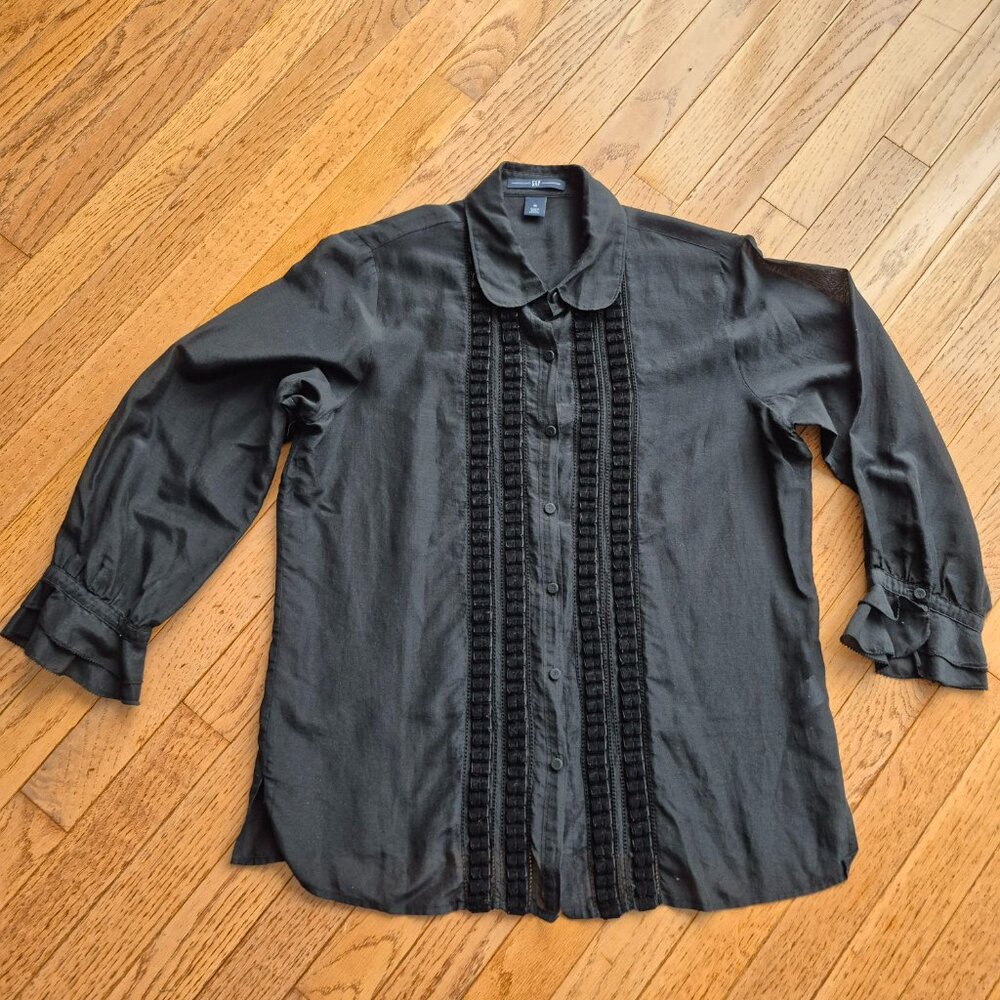 GAP Button Up Tuxedo Velvet Silk Cotton Blend Sheer Blouse 12